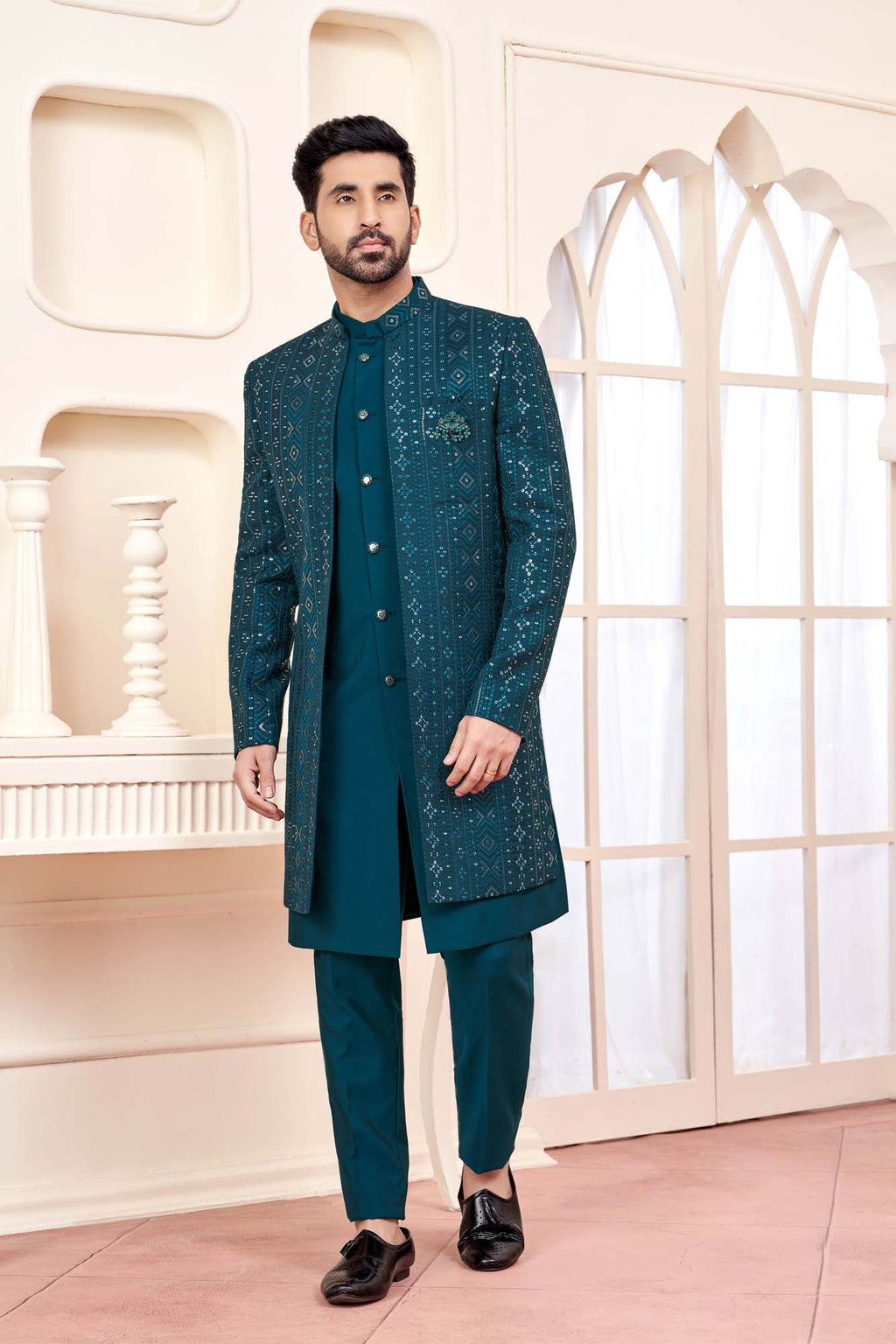 Dark Green Indo-Western Ethnic Wear With Shimmery Embroidery