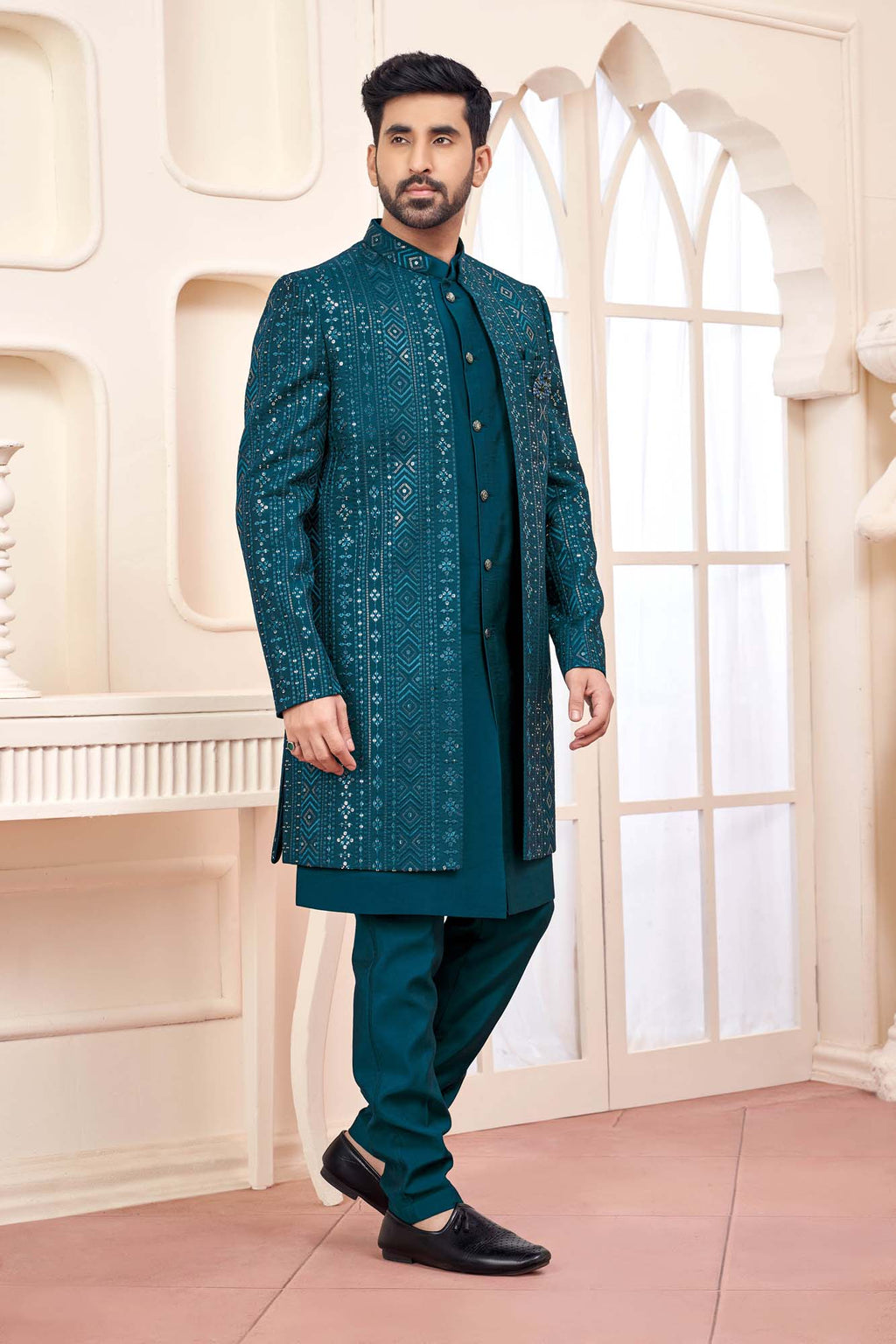 Dark Green Indo-Western Ethnic Wear With Shimmery Embroidery