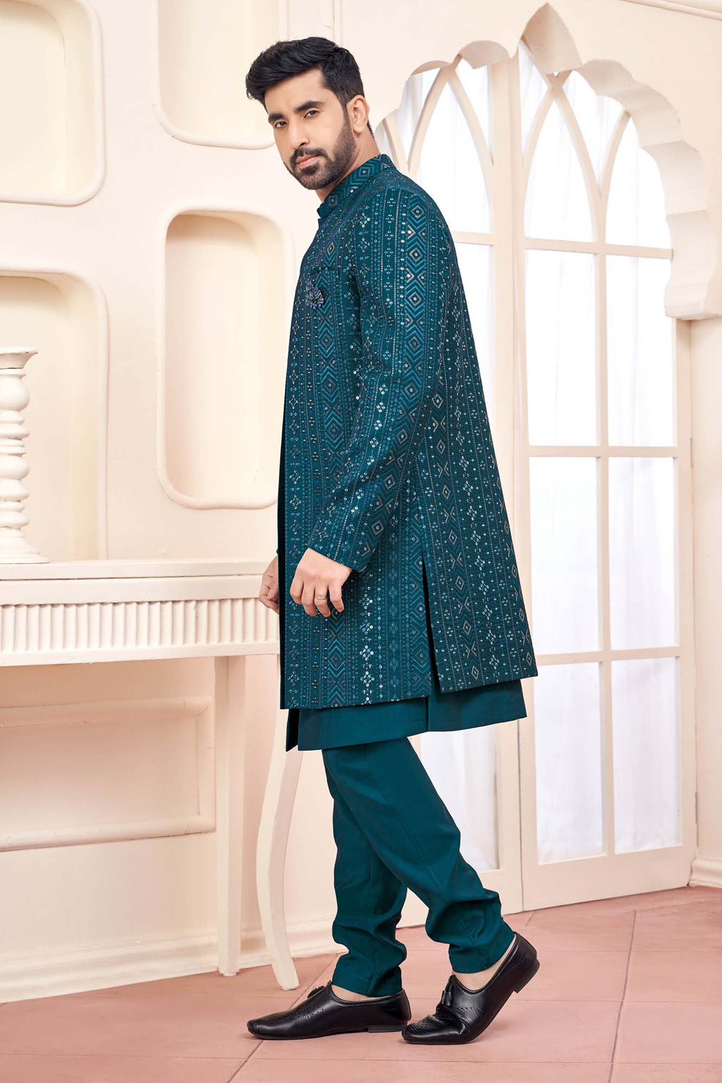 Dark Green Indo-Western Ethnic Wear With Shimmery Embroidery