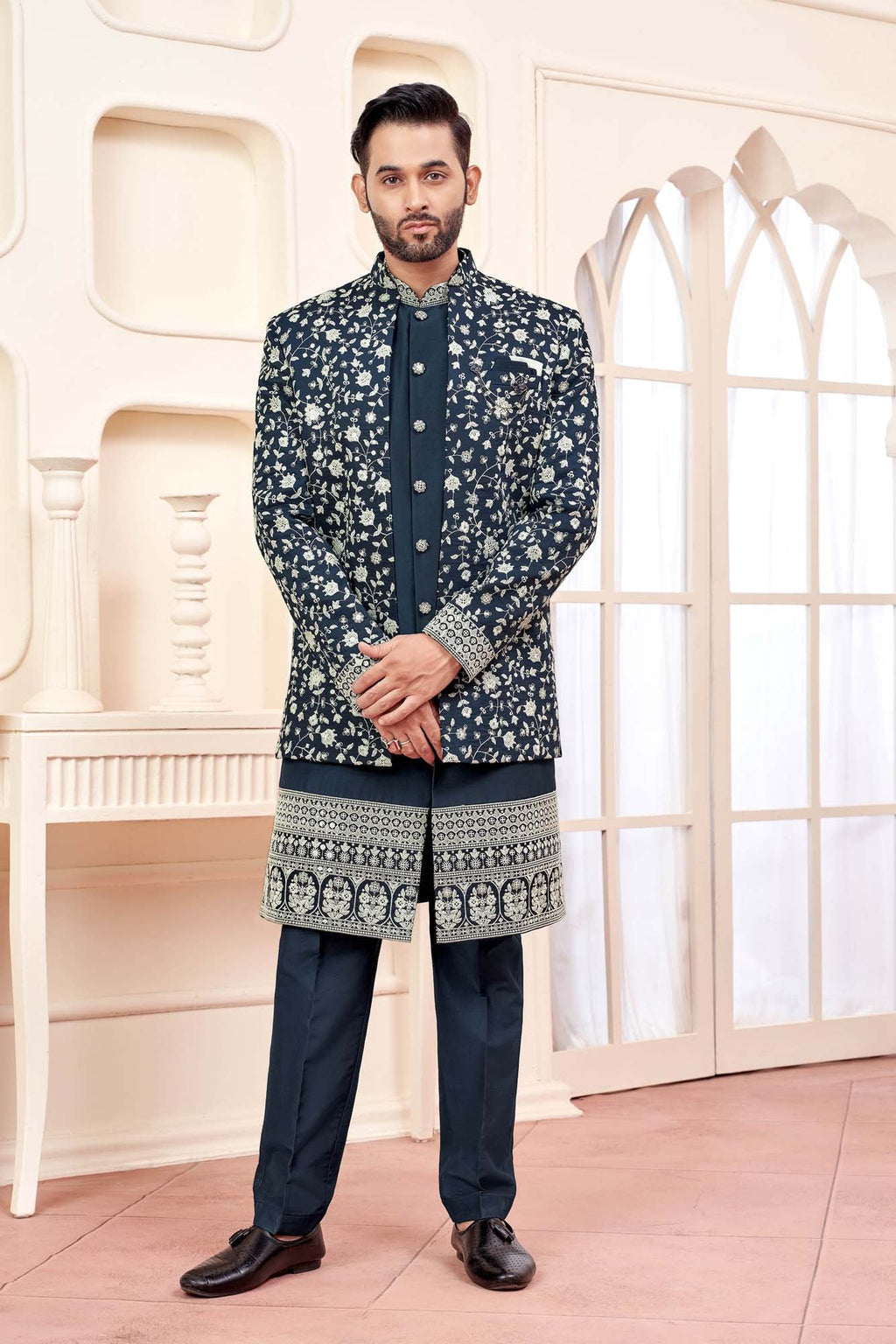 Regal Dark Blue Indo-Western Outfit With Royal Silk Embroidery