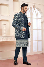 Regal Dark Blue Indo-Western Outfit With Royal Silk Embroidery