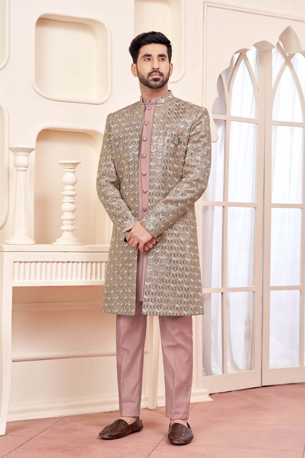 Graceful Peach Indo-Western Outfit With Gold Embroidered Jacket