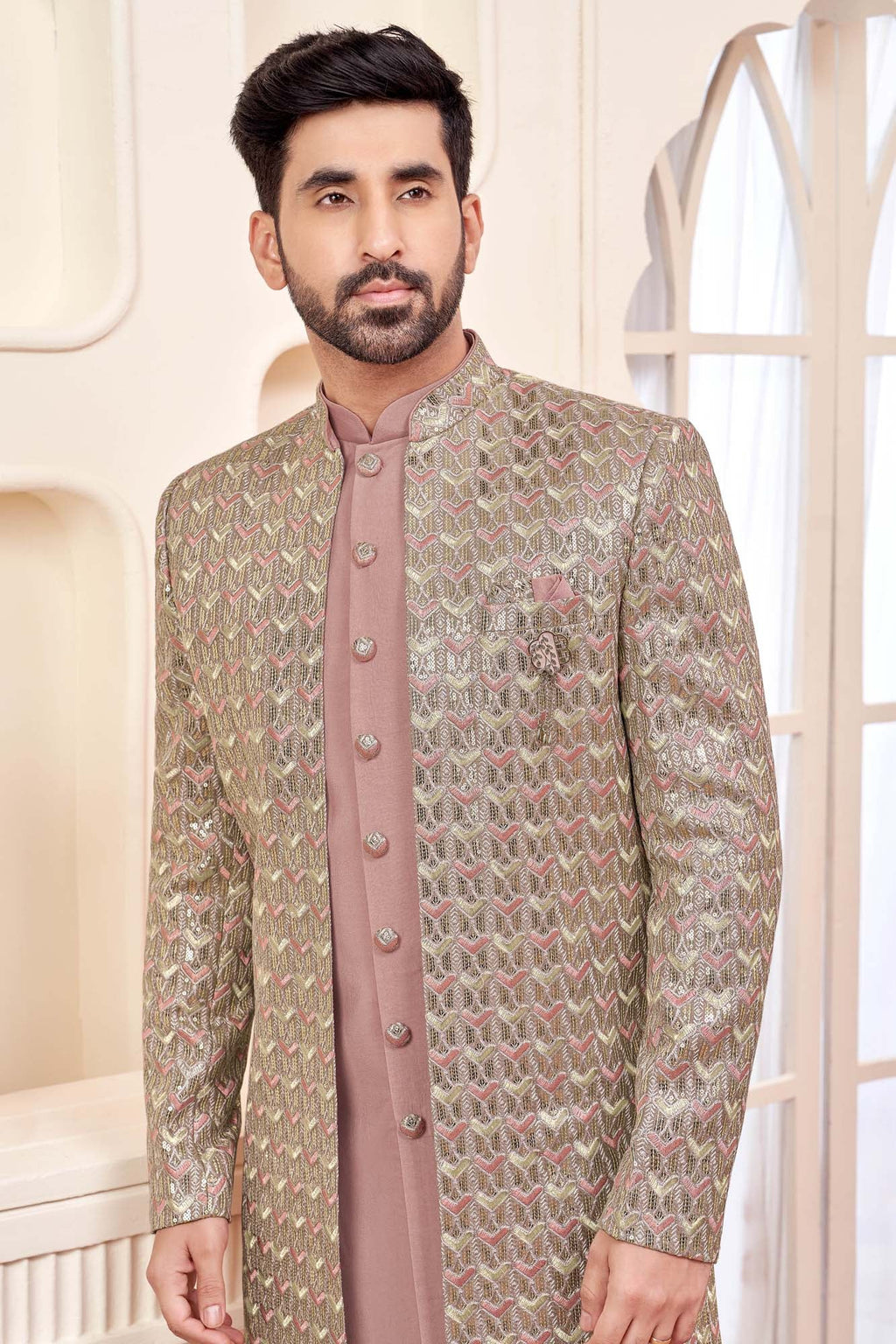 Graceful Peach Indo-Western Outfit With Gold Embroidered Jacket