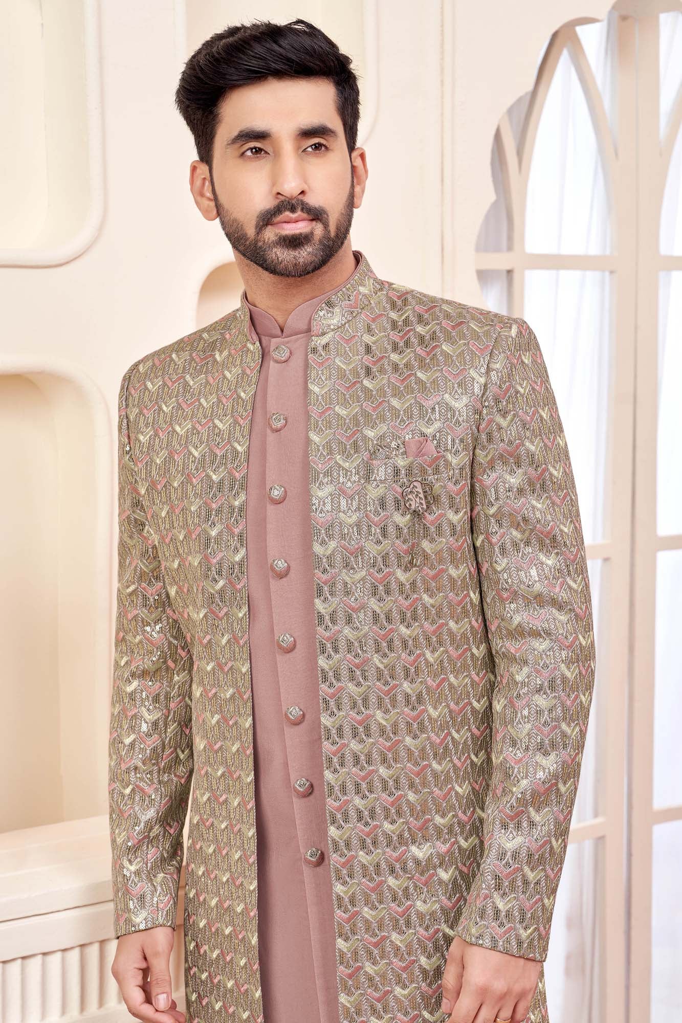 Graceful Peach Indo-Western Outfit With Gold Embroidered Jacket