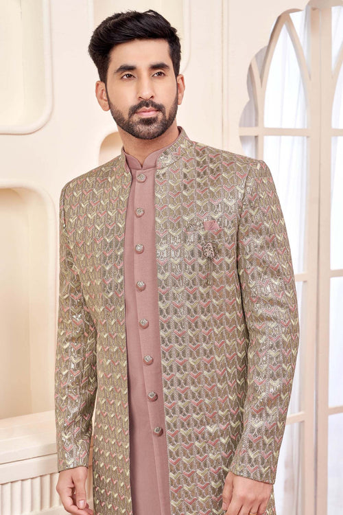 Graceful Peach Indo-Western Outfit With Gold Embroidered Jacket