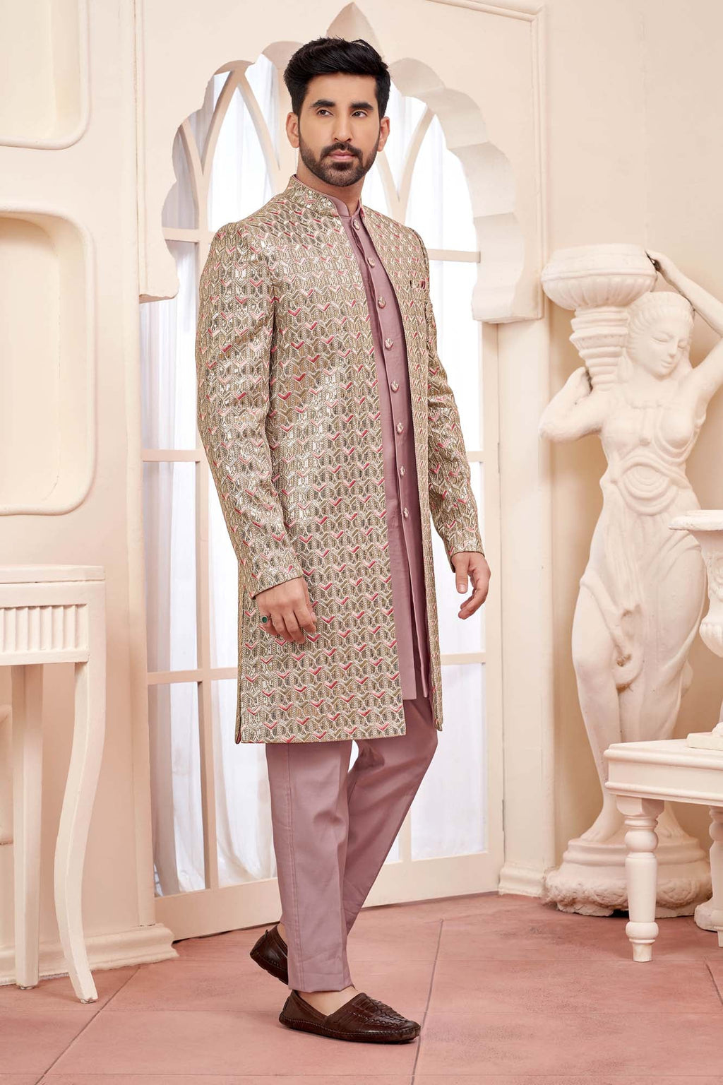 Graceful Peach Indo-Western Outfit With Gold Embroidered Jacket