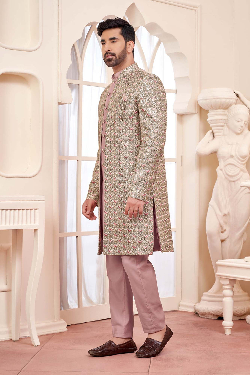 Graceful Peach Indo-Western Outfit With Gold Embroidered Jacket