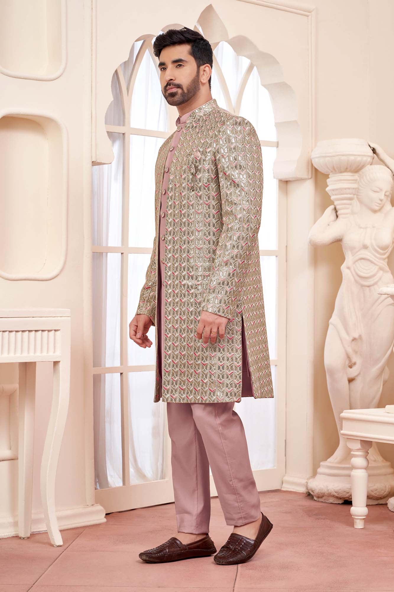 Graceful Peach Indo-Western Outfit With Gold Embroidered Jacket