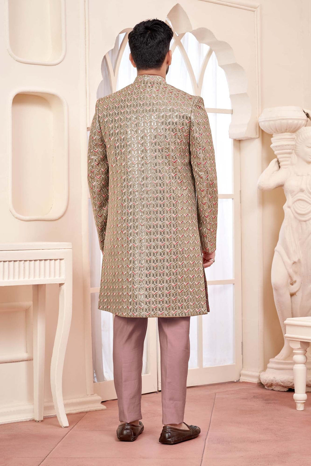 Graceful Peach Indo-Western Outfit With Gold Embroidered Jacket