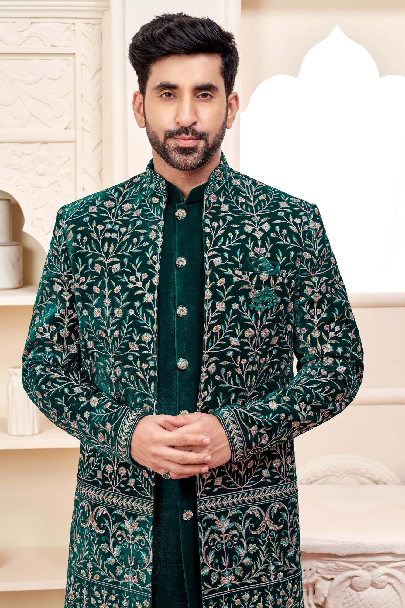 Dark Green Velvet Indo-Western Outfit With Embroidered Jacket