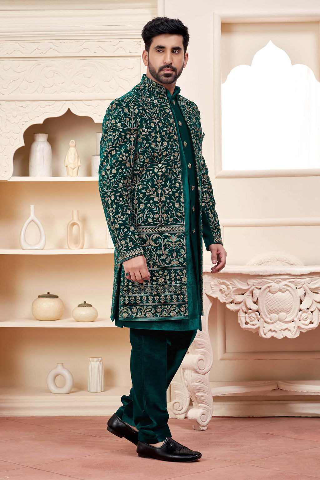 Dark Green Velvet Indo-Western Outfit With Embroidered Jacket