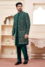 Dark Green Velvet Indo-Western Outfit With Embroidered Jacket