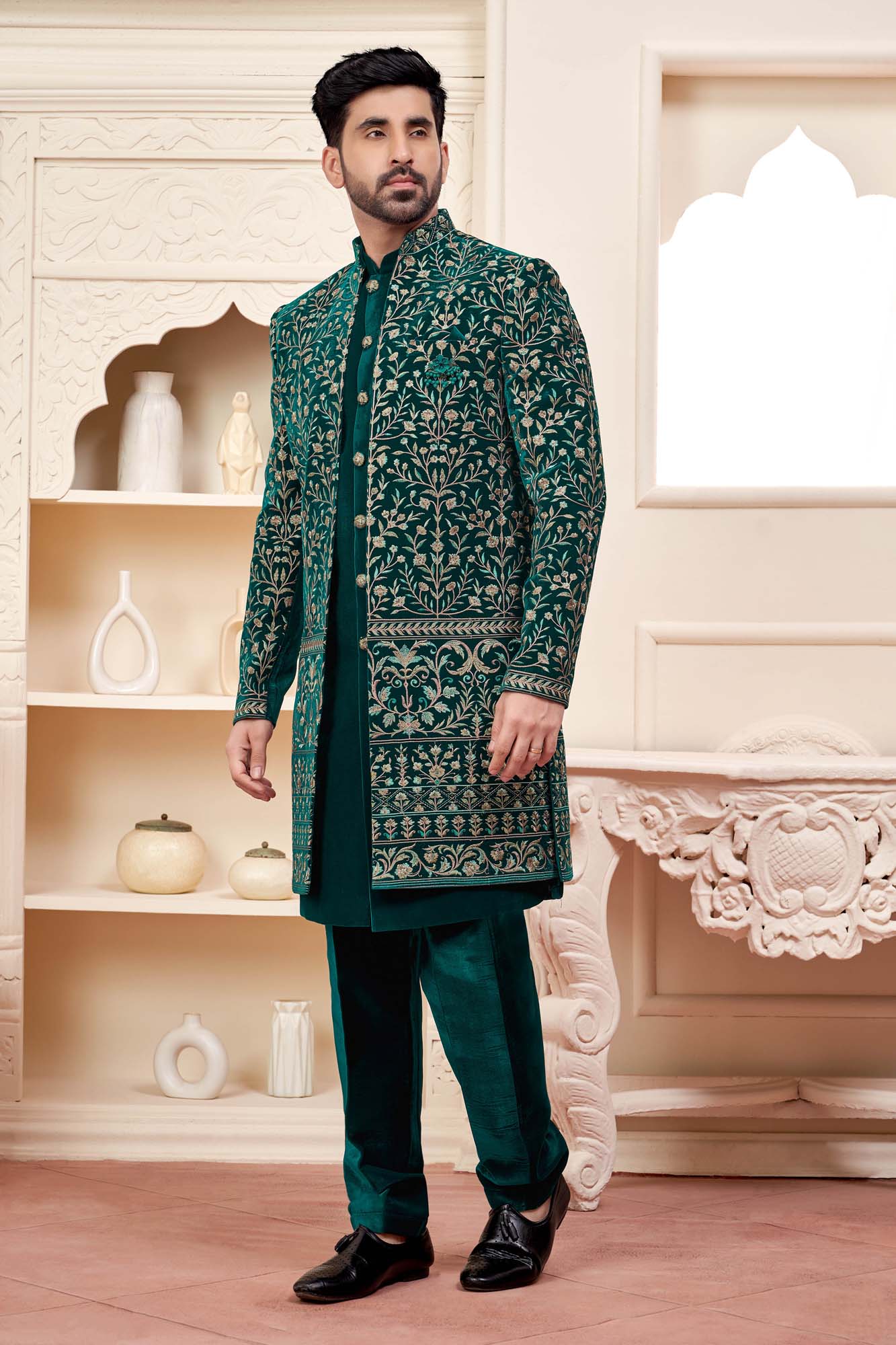 Dark Green Velvet Indo-Western Outfit With Embroidered Jacket