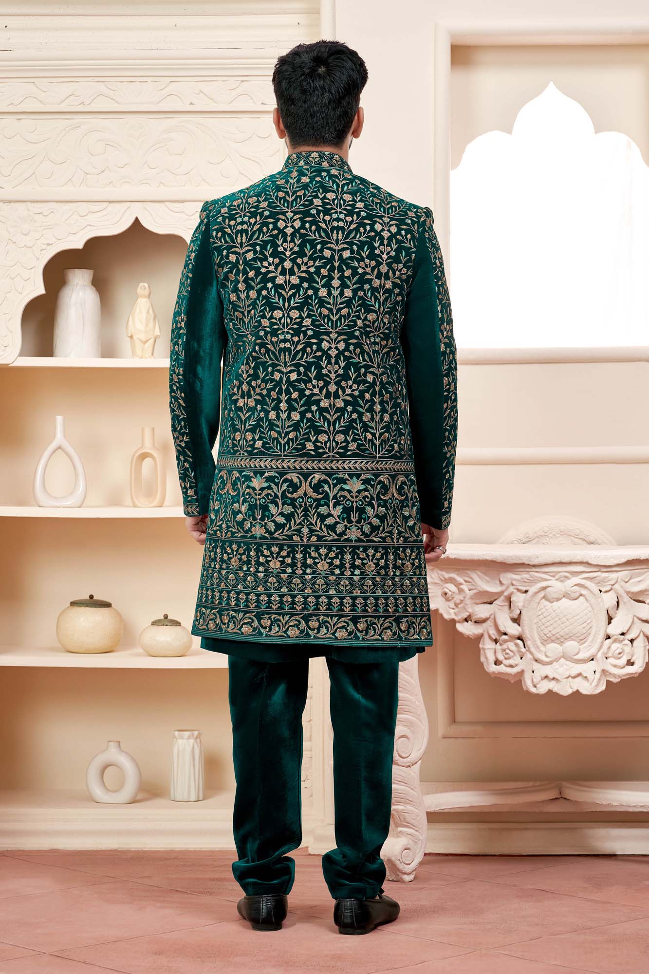 Dark Green Velvet Indo-Western Outfit With Embroidered Jacket