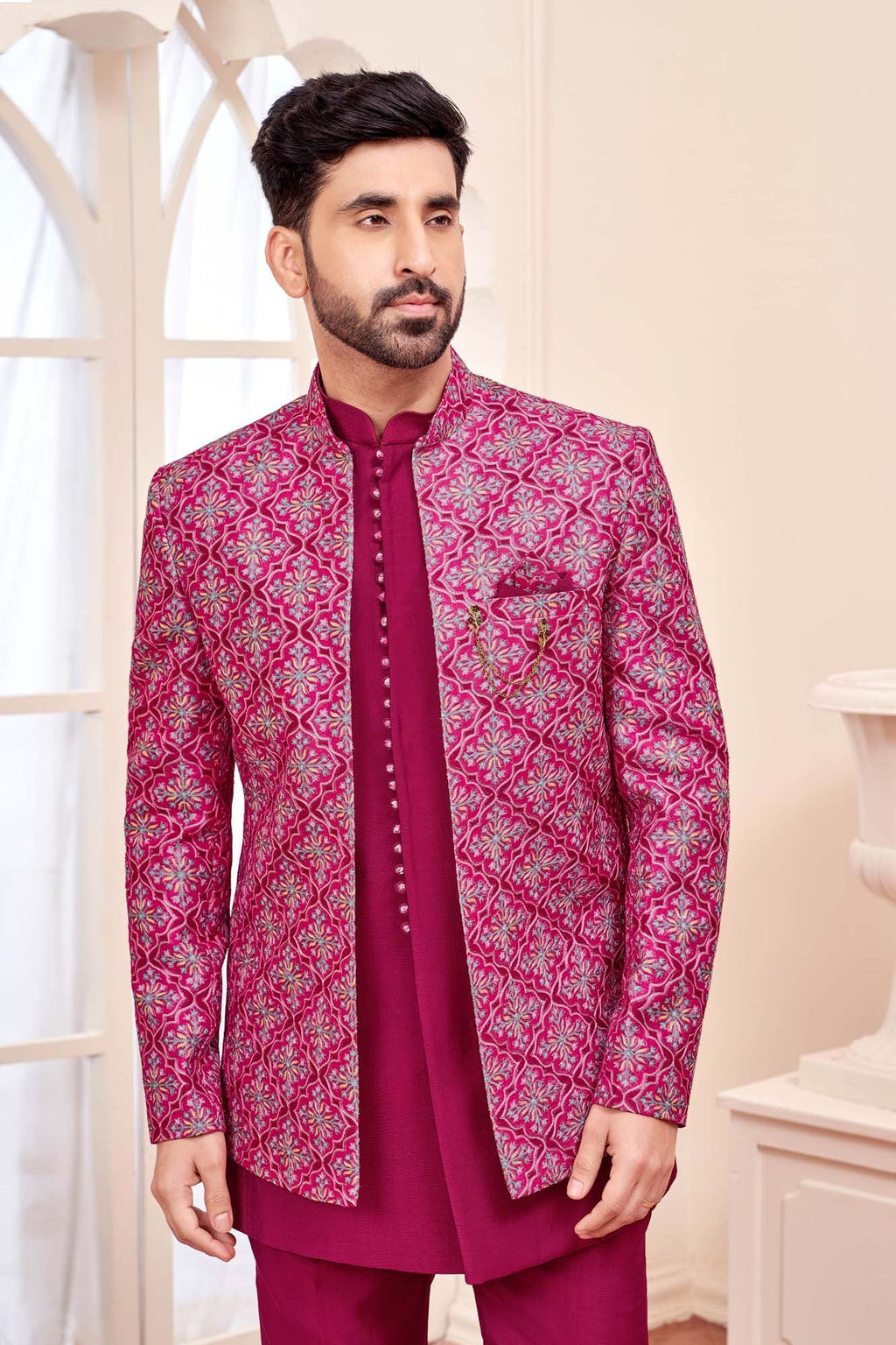 Royal Dark Pink Jodhpuri Set With Embroidered Jacket