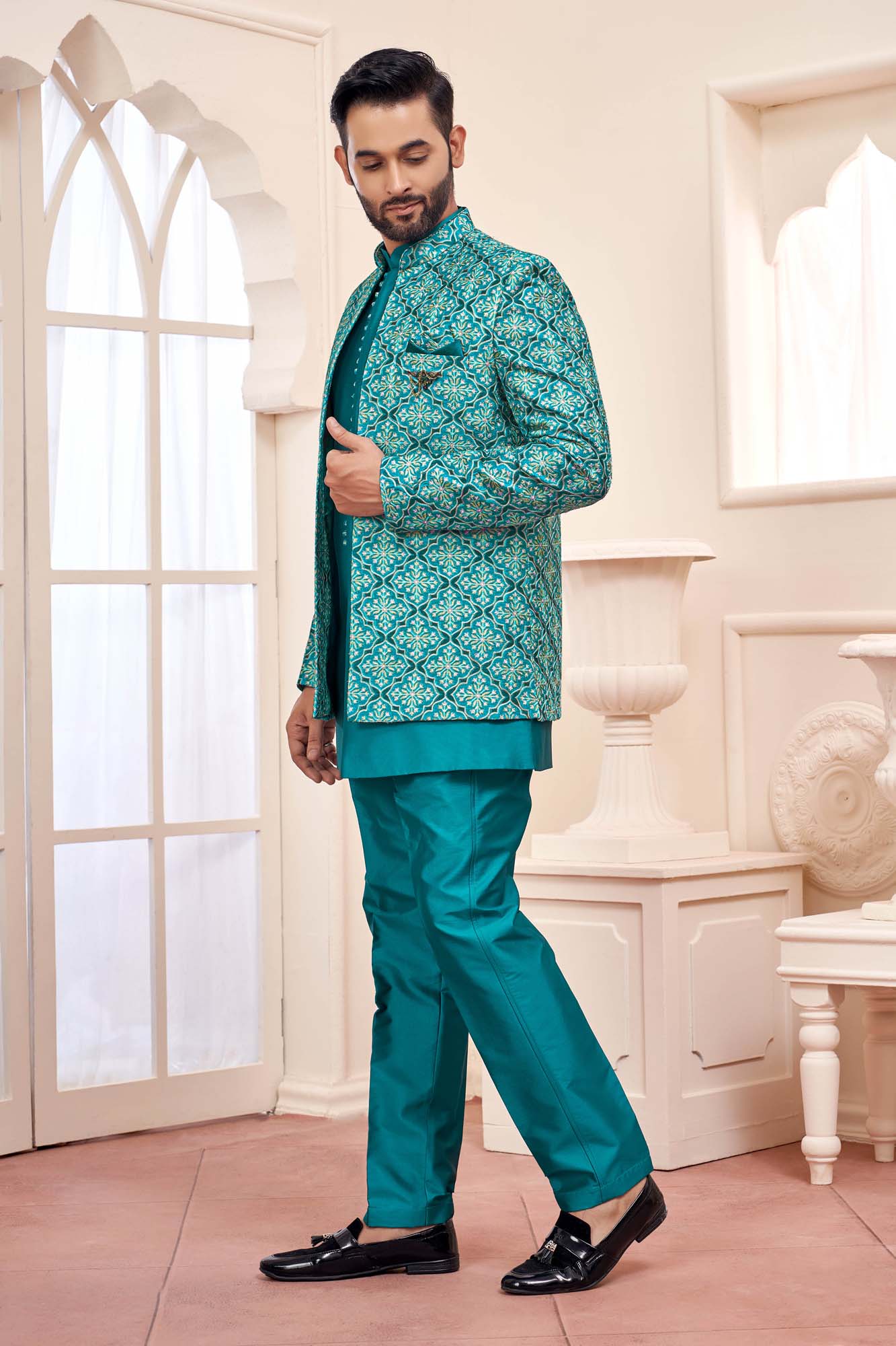 Blue Jodhpuri Set With Embroidered Jacket For Men
