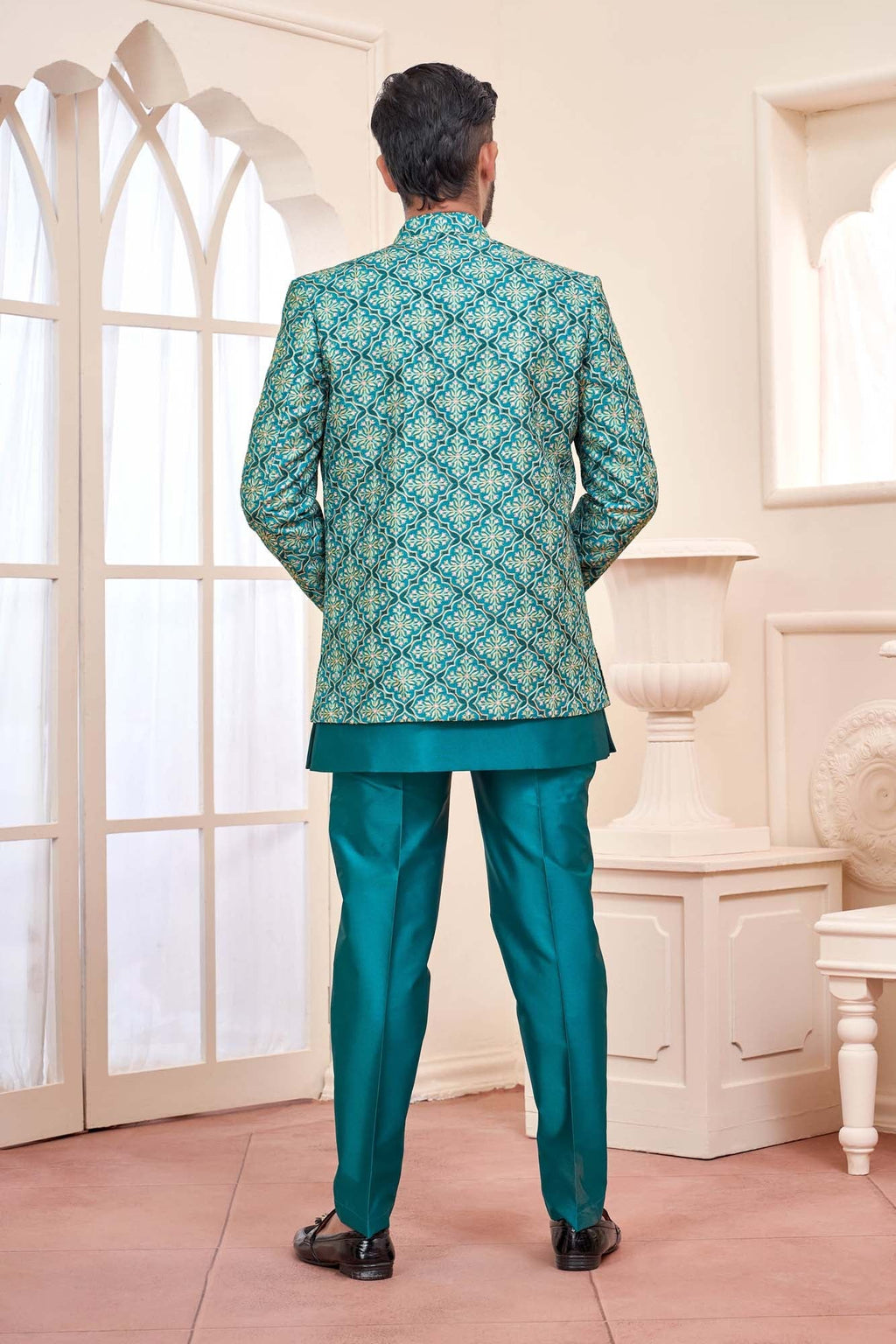 Blue Jodhpuri Set With Embroidered Jacket For Men