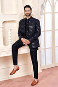 Black Jodhpuri Set With Shimmery Embroidered Jacket For Men