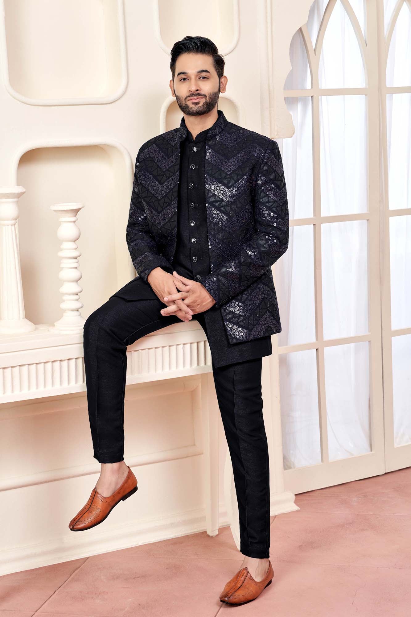 Black Jodhpuri Set With Shimmery Embroidered Jacket For Men
