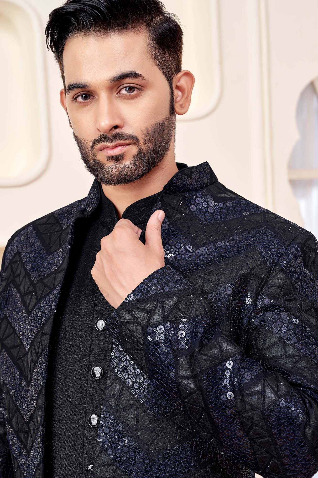 Black Jodhpuri Set With Shimmery Embroidered Jacket For Men