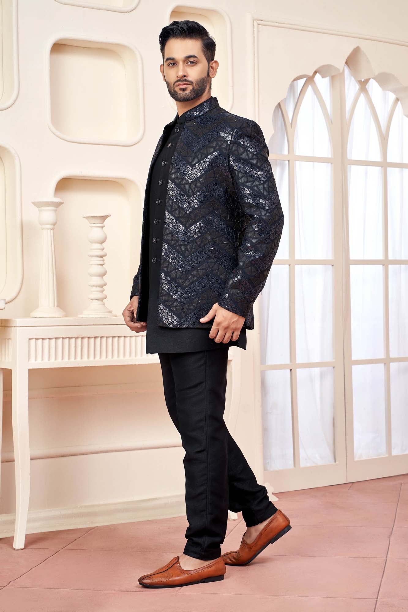 Black Jodhpuri Set With Shimmery Embroidered Jacket For Men