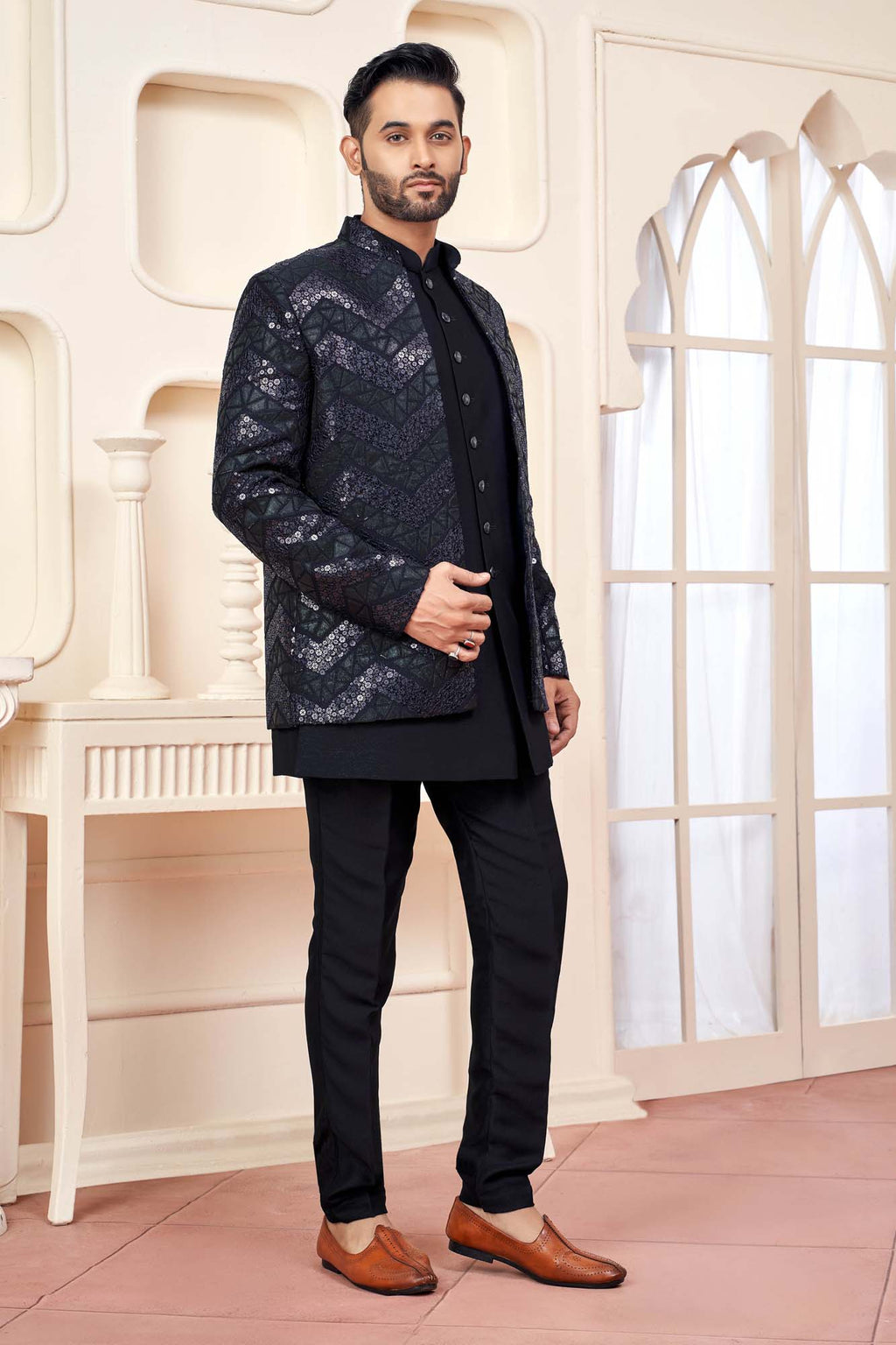 Black Jodhpuri Set With Shimmery Embroidered Jacket For Men