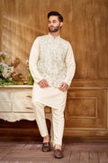 Men’s Ethnic Cream Kurta Set With Gold Embroidery
