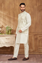 Men’s Ethnic Cream Kurta Set With Gold Embroidery