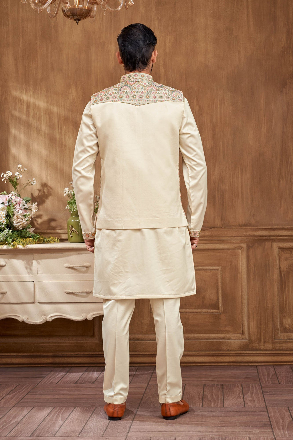 Floral Embroidered Kurta Jacket Set For Men