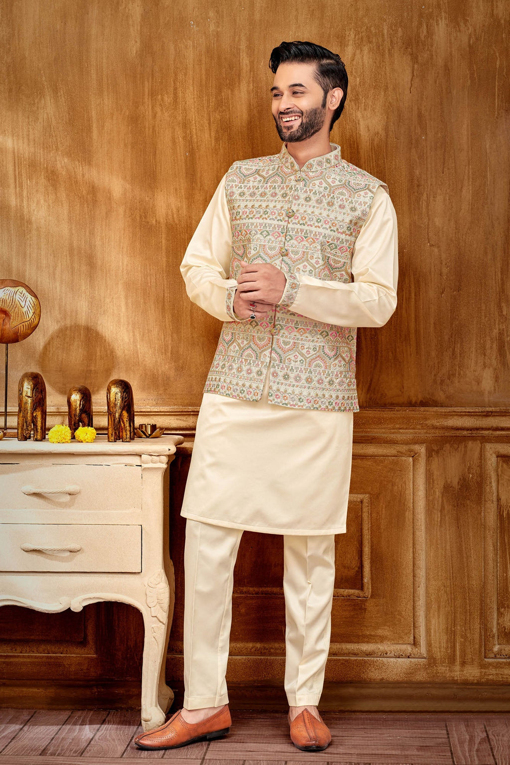 Floral Embroidered Kurta Jacket Set For Men