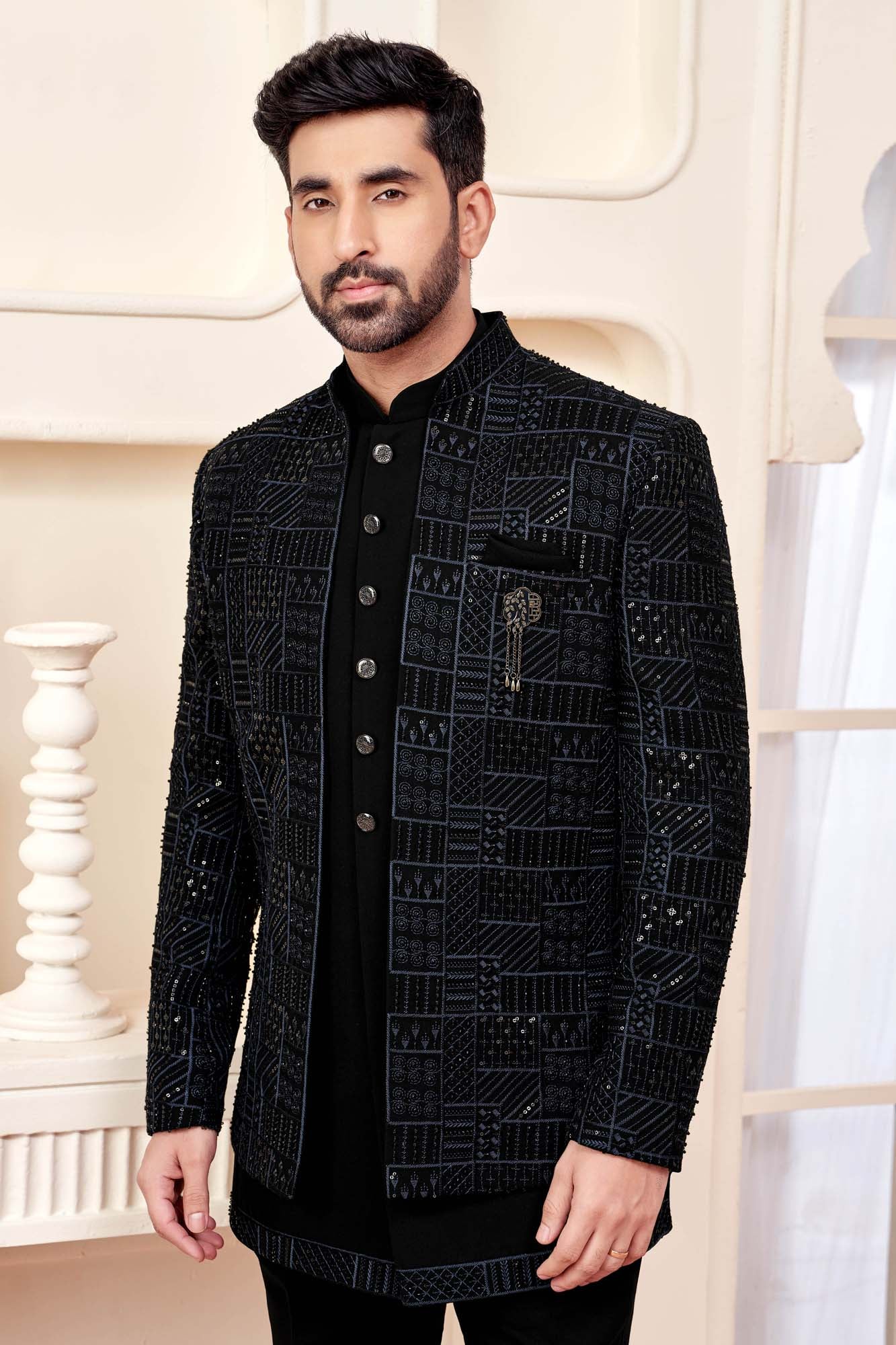 Elegant Black Jodhpuri Set With Shimmery Embroidery For Men