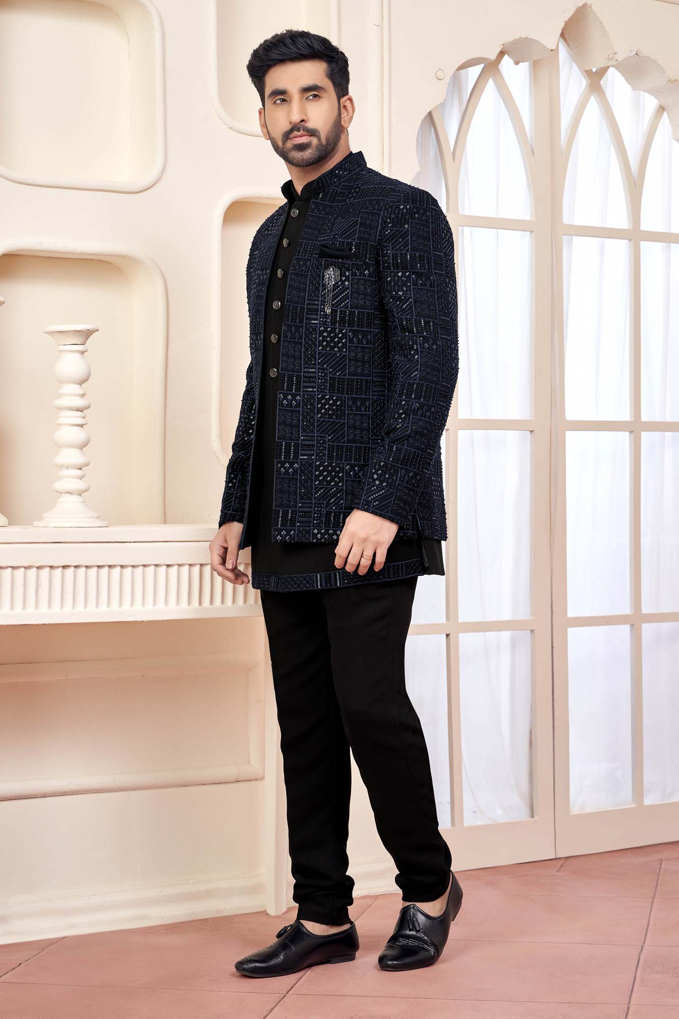 Elegant Black Jodhpuri Set With Shimmery Embroidery For Men