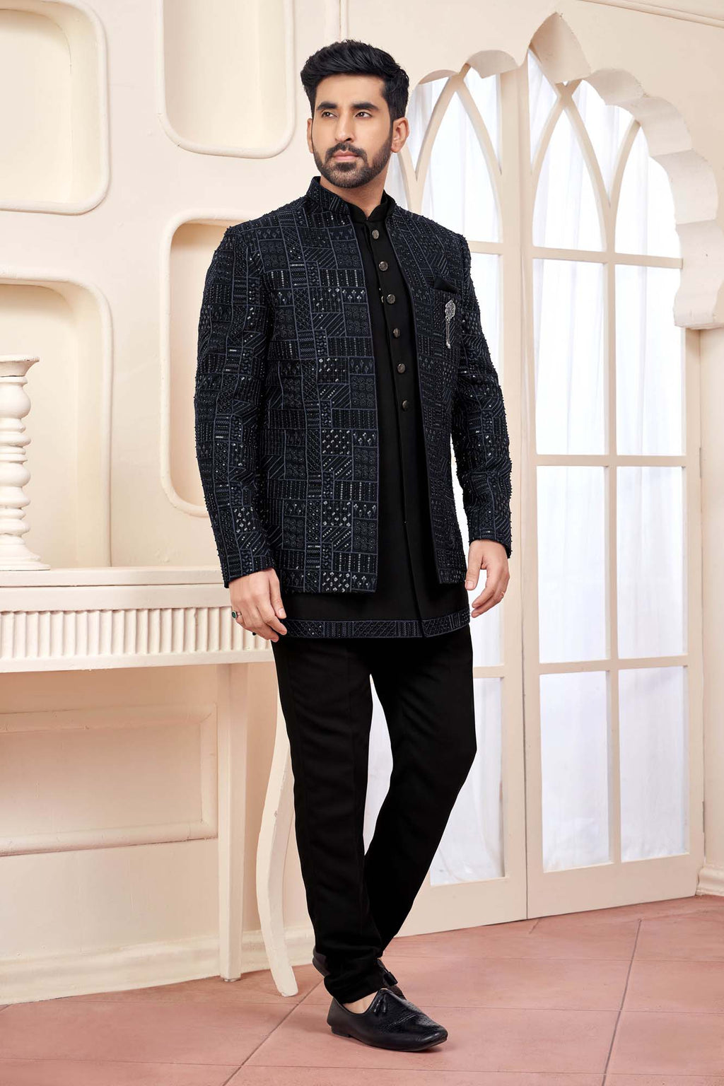 Elegant Black Jodhpuri Set With Shimmery Embroidery For Men