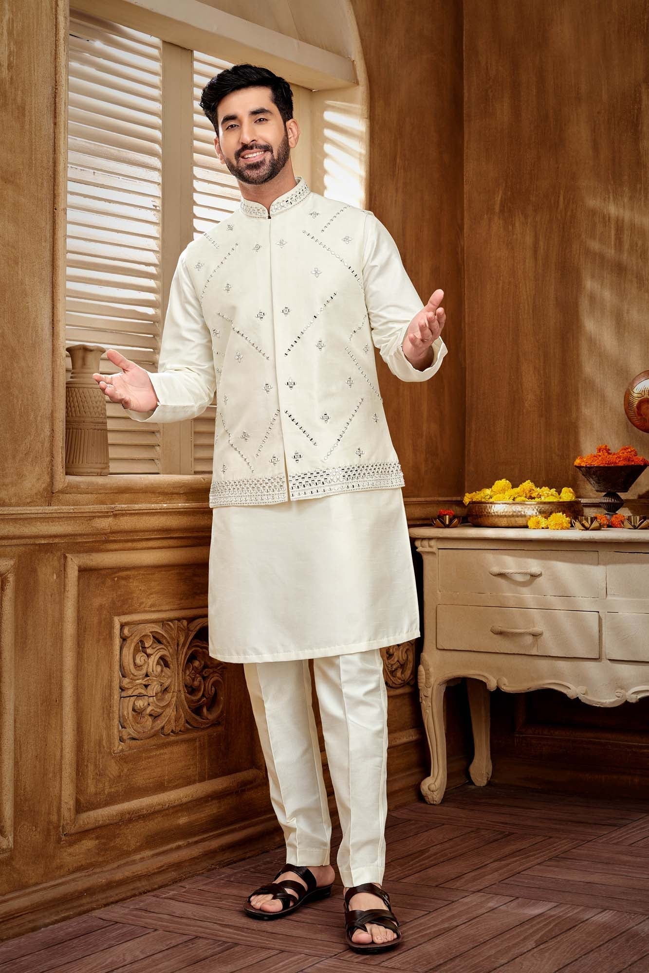 White Mirror Work Kurta Set