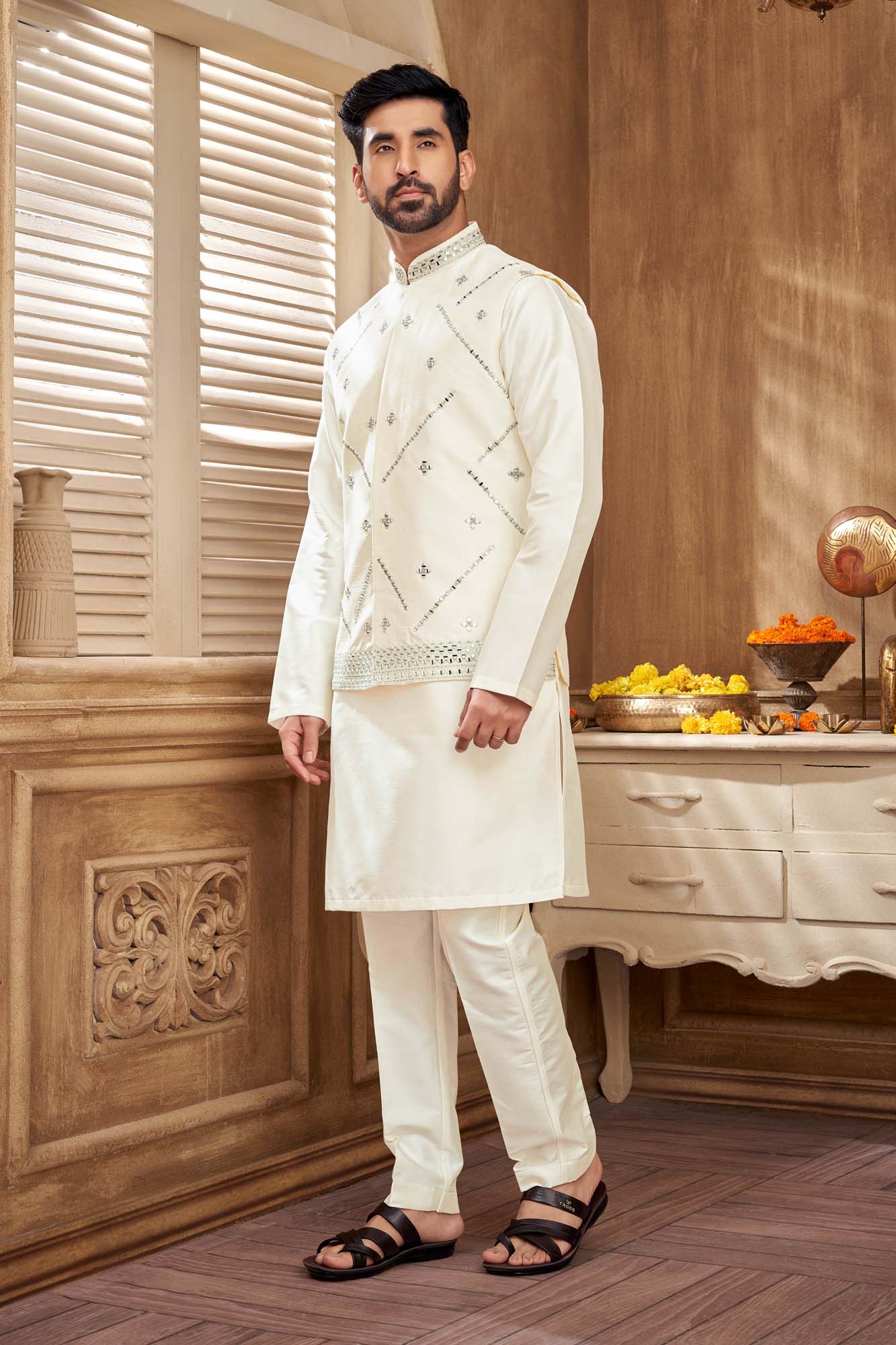 White Mirror Work Kurta Set