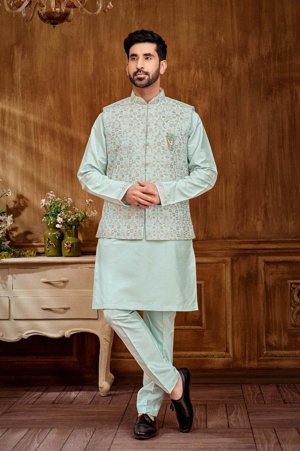 Blue Pastel Kurta Set With Floral Embriodery Jacket