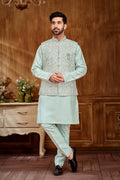 Blue Pastel Kurta Set With Floral Embriodery Jacket