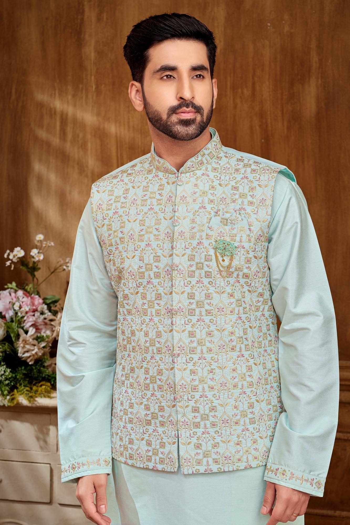 Blue Pastel Kurta Set With Floral Embriodery Jacket