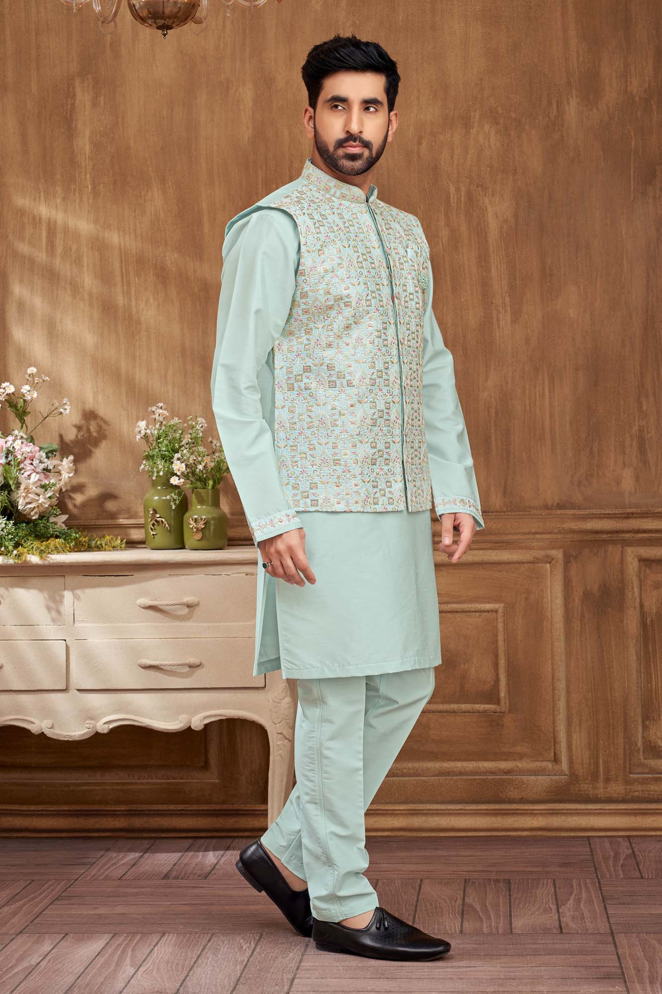 Blue Pastel Kurta Set With Floral Embriodery Jacket