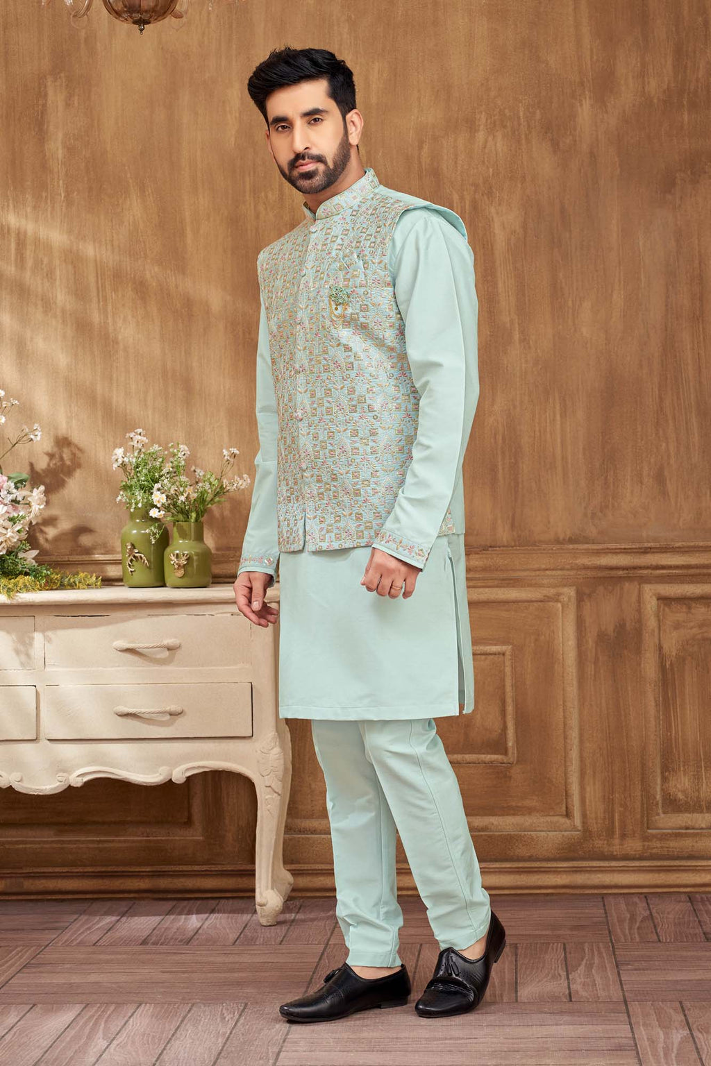 Blue Pastel Kurta Set With Floral Embriodery Jacket