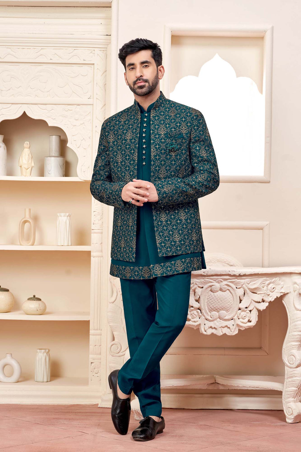 Stunning Teal Green Jodhpuri Set With Intricate Embroidery For Men