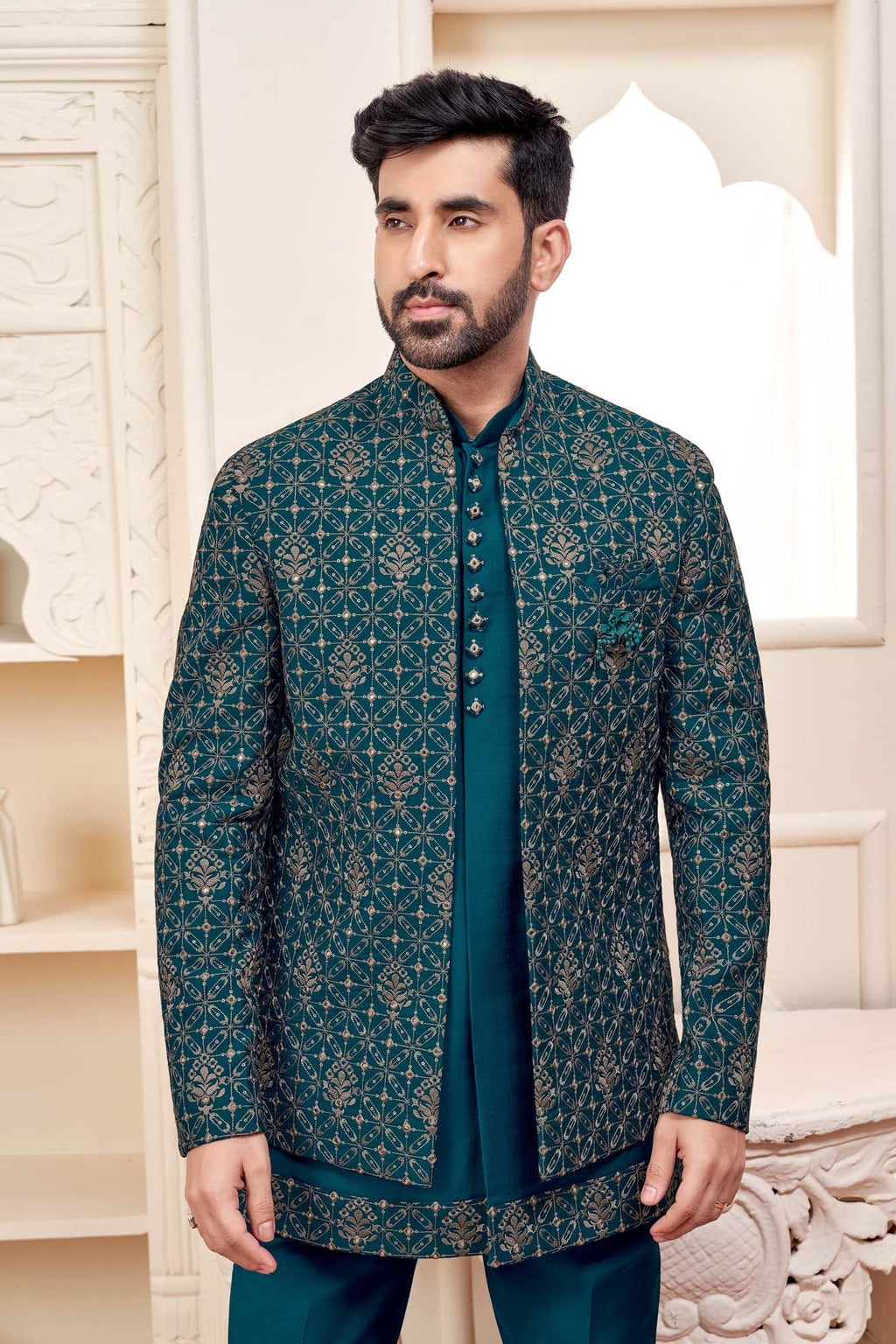 Stunning Teal Green Jodhpuri Set With Intricate Embroidery For Men
