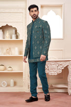 Stunning Teal Green Jodhpuri Set With Intricate Embroidery For Men