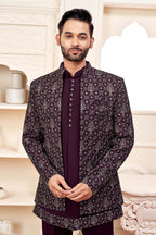 Maroon Jodhpuri Set With Embroidered Jacket For Men