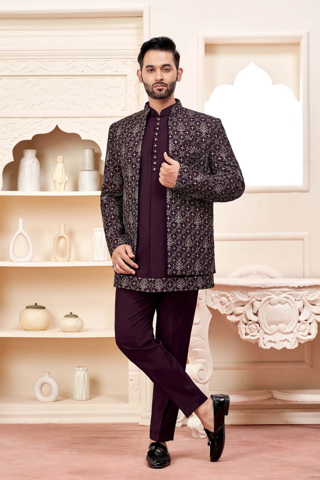Maroon Jodhpuri Set With Embroidered Jacket For Men