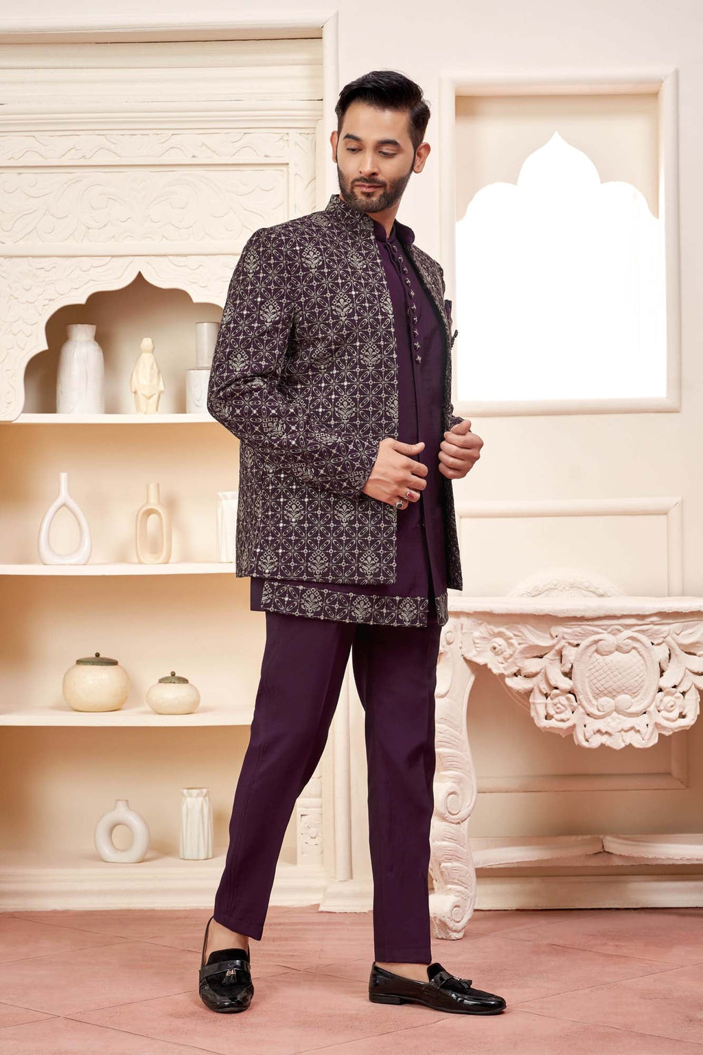Maroon Jodhpuri Set With Embroidered Jacket For Men