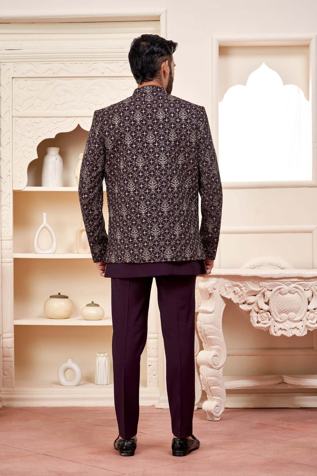 Maroon Jodhpuri Set With Embroidered Jacket For Men