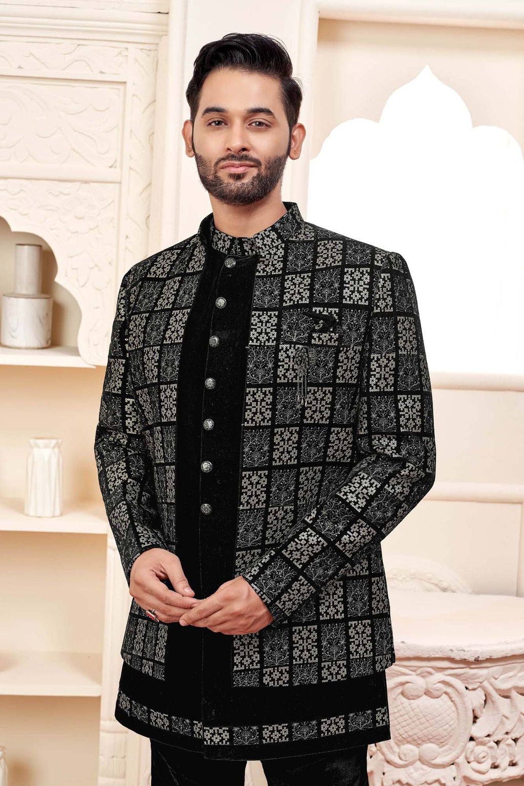 Luxurious Black Velvet Jodhpuri Set With Embroidery For Men