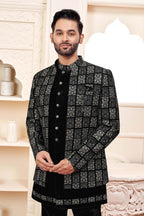 Luxurious Black Velvet Jodhpuri Set With Embroidery For Men