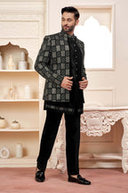 Luxurious Black Velvet Jodhpuri Set With Embroidery For Men
